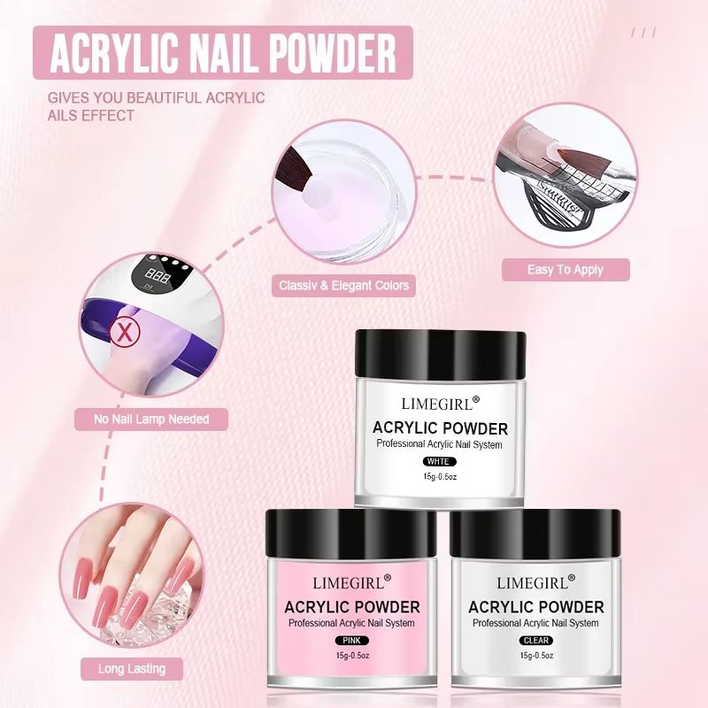 40ml Crystal Liquid & 45ml Acrylic Powder Nail Kit – Beginner Acrylic Nail Set (Pink, White, Transparent)