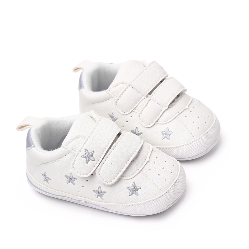 Baby White PU Sneaker Non-slip for Toddler Boys and Girls, Comfortable Soft Sole with Embroidered Stars and Hearts