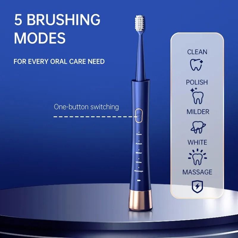 Ultrasonic Deep Clean Waterproof Electric Toothbrush with 5 Modes & Type-C Charging
