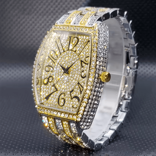 Luxury Iced Out Tonneau Stainless Steel Quartz Watch for Men