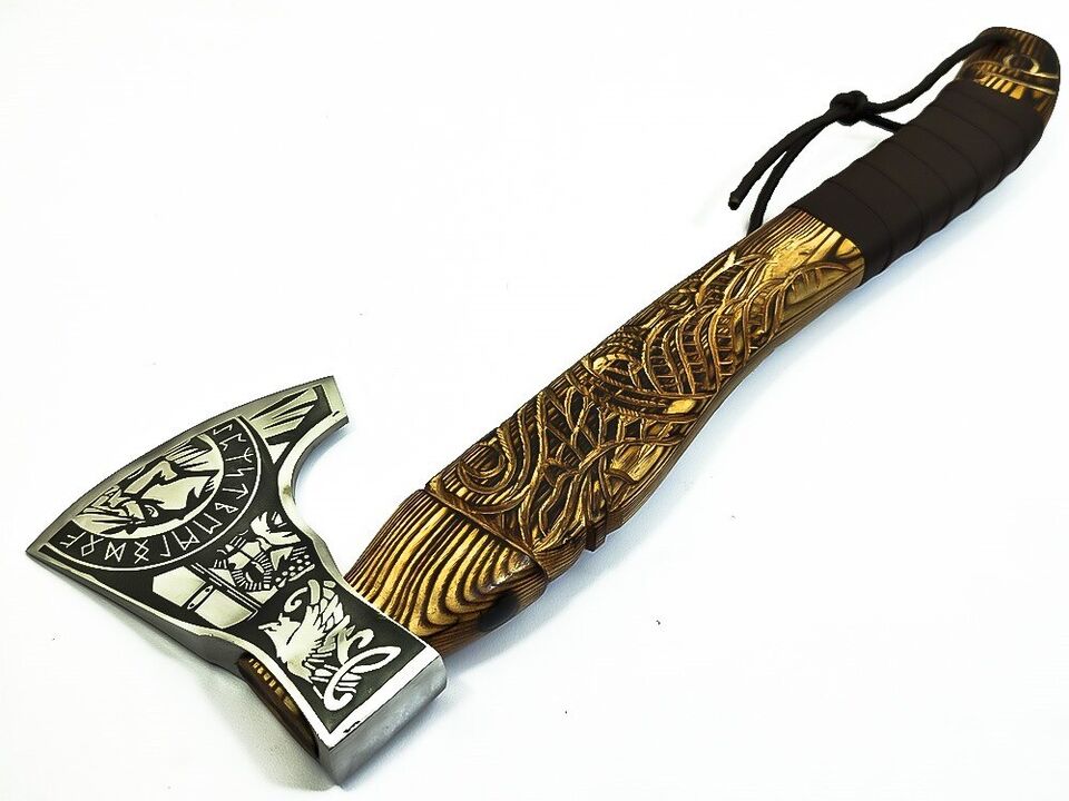 Handmade Rare Art Carbon Steel Blade Viking Throwing Axe - Carved Ashwood Handle
