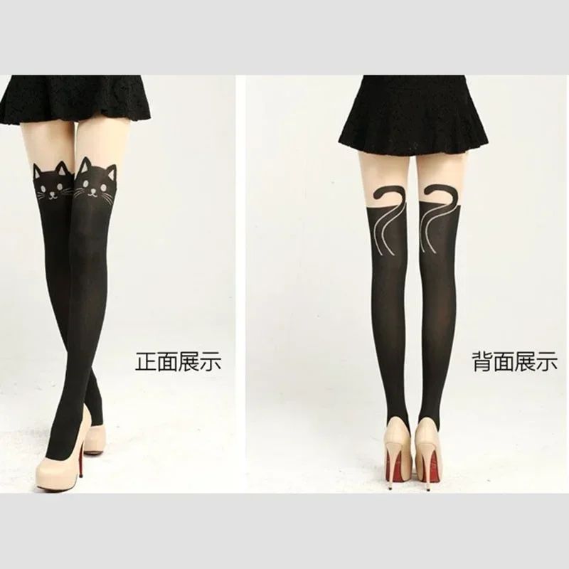Women Cute Black Cat Printed Knee High Socks Warm, Soft, Over the Knee Romantic Cat Themed Socks