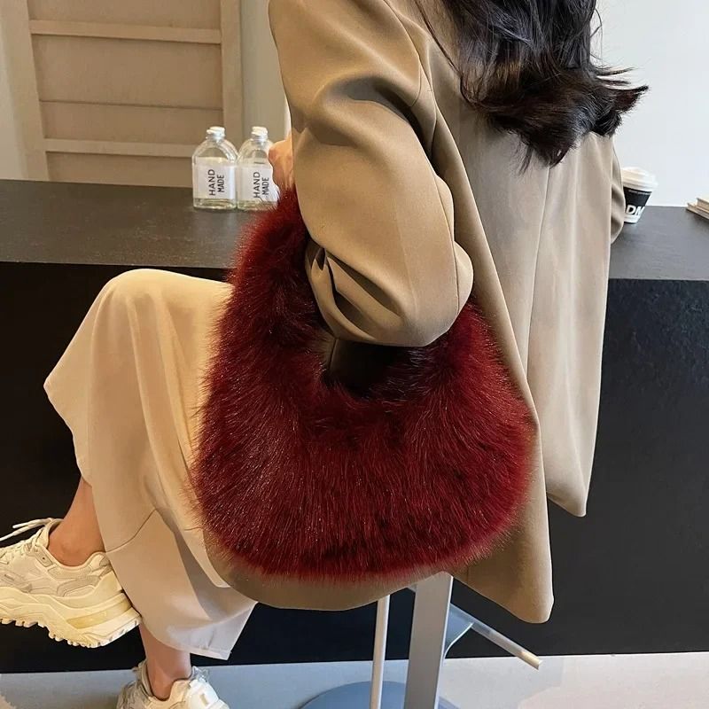 Solid Color Faux Fur Bag for Women Winter Soft Plush Handbag Tote