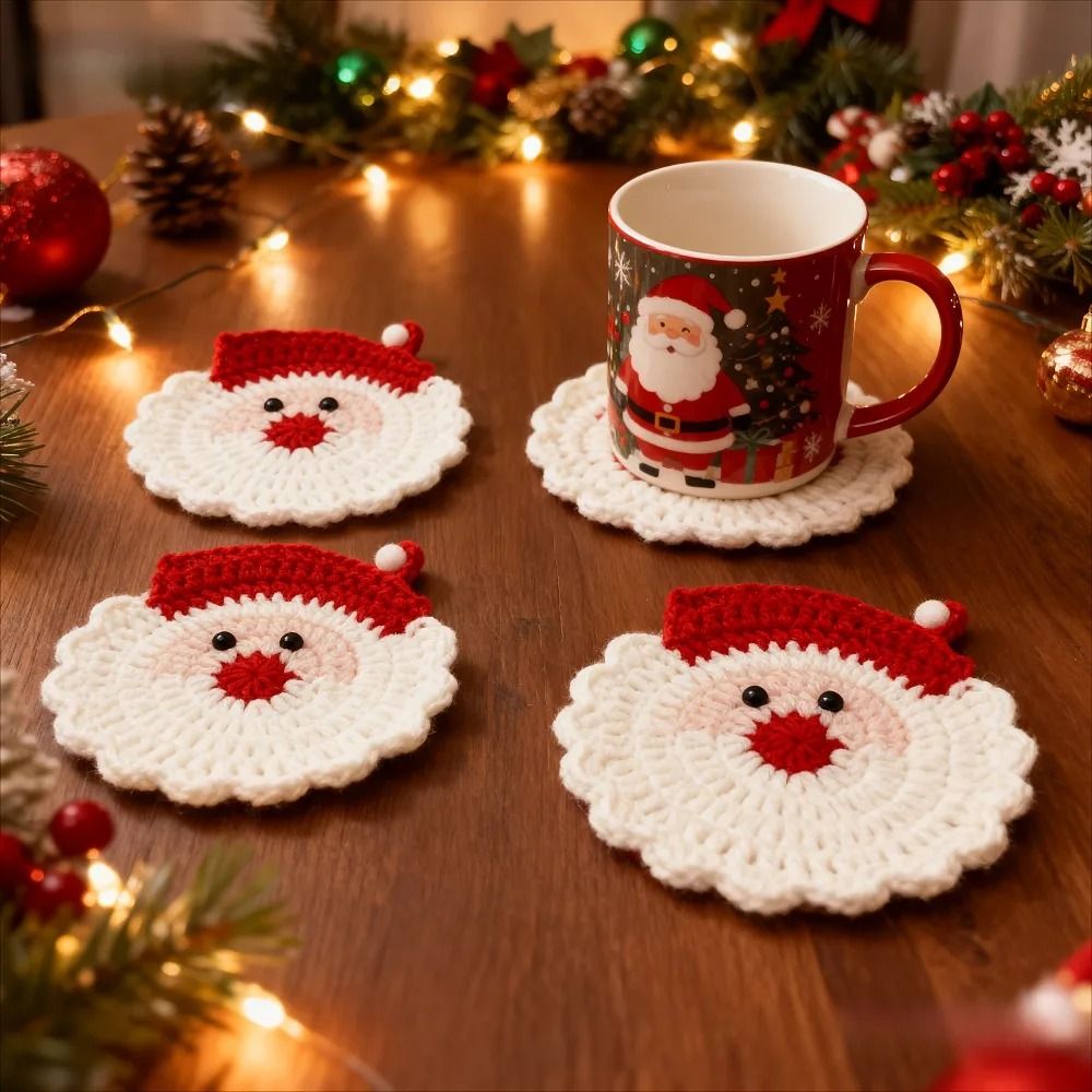 Handmade Crochet Santa Coasters Christmas Drink Mats