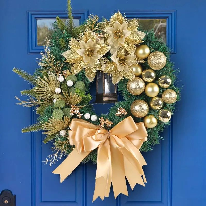 15.7in Christmas Wreath with Lantern & Bow – Festive Front Door Holiday Garland