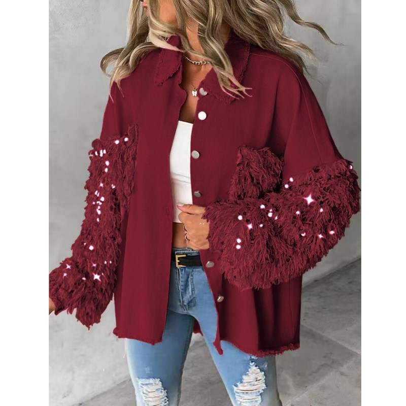 Women's Sequin Shacket Jacket, Colorblock Top with Raw Hem, Turn Down Collar Coat for Spring Autumn