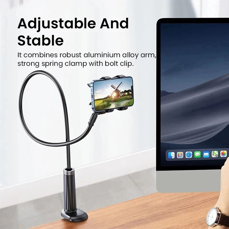 Universal Adjustable Phone Stand with Rotating Clip - Bedside & Desk Hands-Free Holder