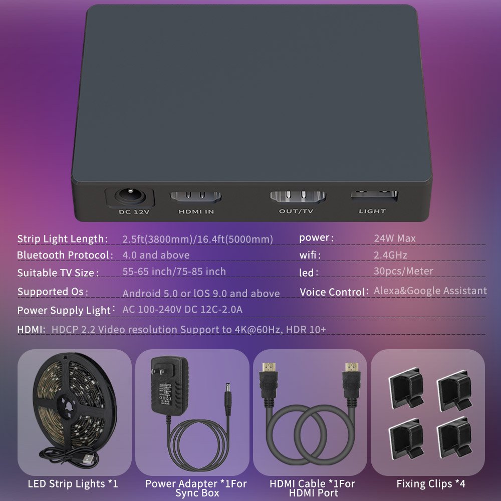 2.4G WIFI DreamColor Ambient TV Backlight Kit, SM16703 RGBIC LED Strip with HDMI Sync Box, App Control, Works with Alexa