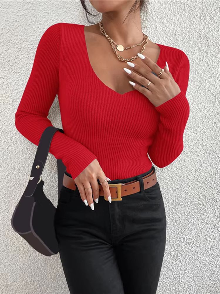 Y2K Rib Knit V-Neck Pullover – Long Sleeve Autumn Winter Sweater for Women