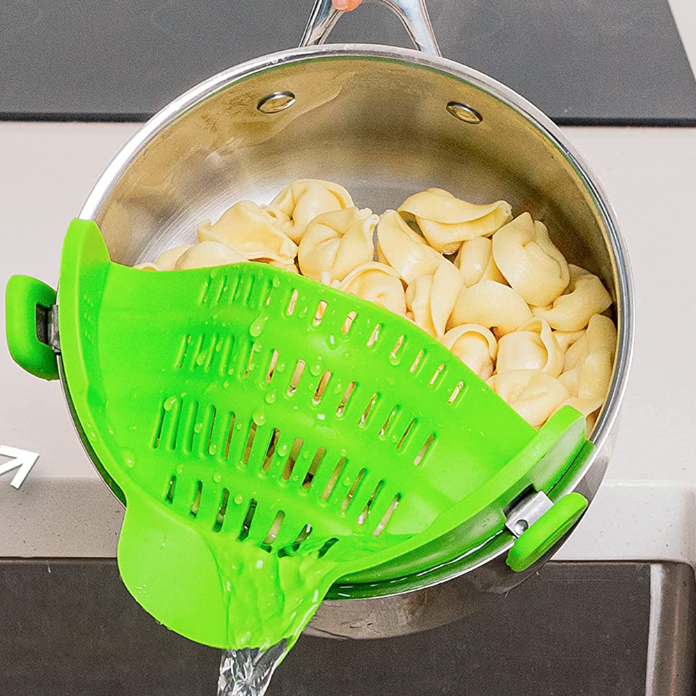 Pasta Noodle Strainer Colander, Silicone Kitchen Strainer Clip On, Pots and Pans Drain Rack