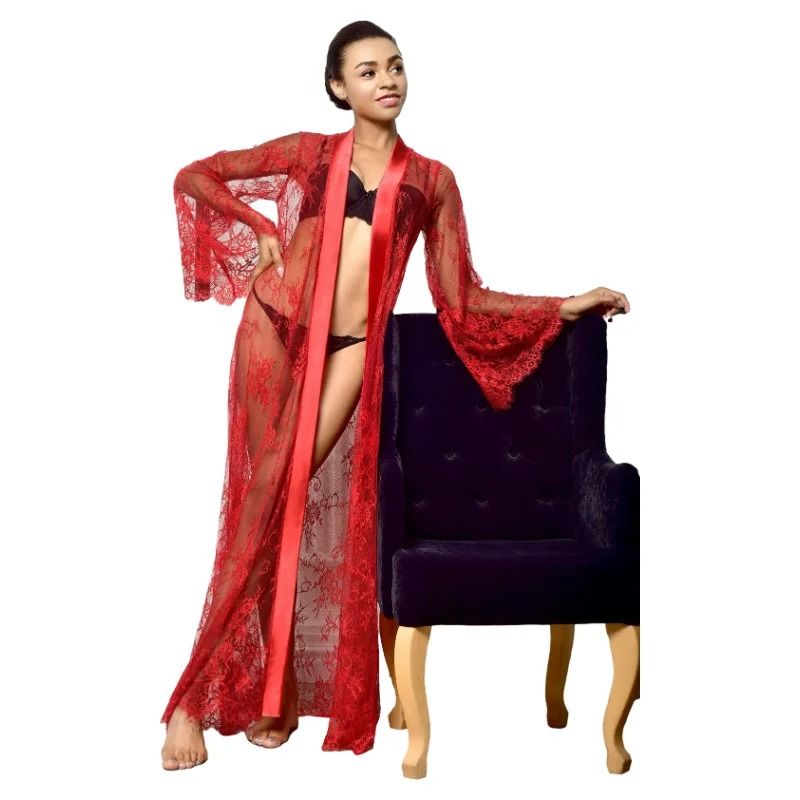 Womens Long Lace Sheer Nightgown – White Bridesmaid Robe & Sensual Kimono Bride Lingerie