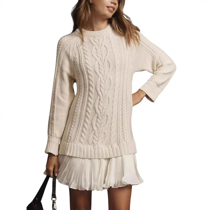 Long Sleeve Twist Knitted Sweater Dress -Ruffle Chiffon Pleated A-Line Fall Dress for Women | Warm Pullover Knit Dres