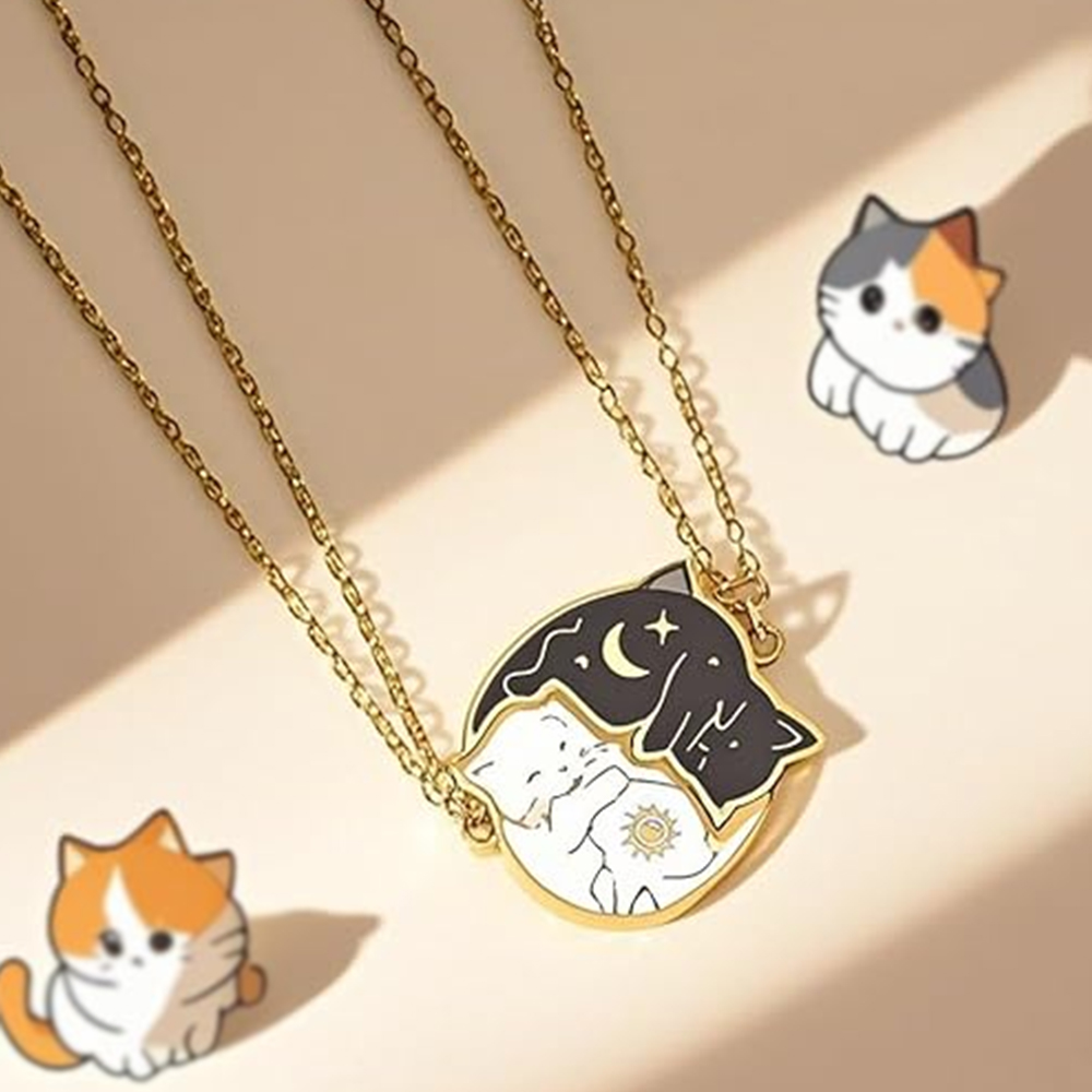 Love Embrace Cat Necklace Set Stainless Steel Black White Matching Pendant Jewelry for Women and Friends