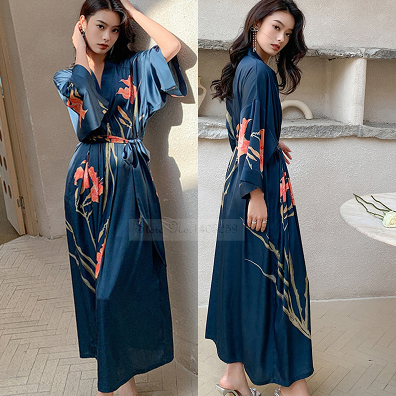 Sexy Print Flower Kimono Bathrobe Gown, New Spring Summer Female Long Robe Nightgown, Casual Silk Satin Home Dress Loung