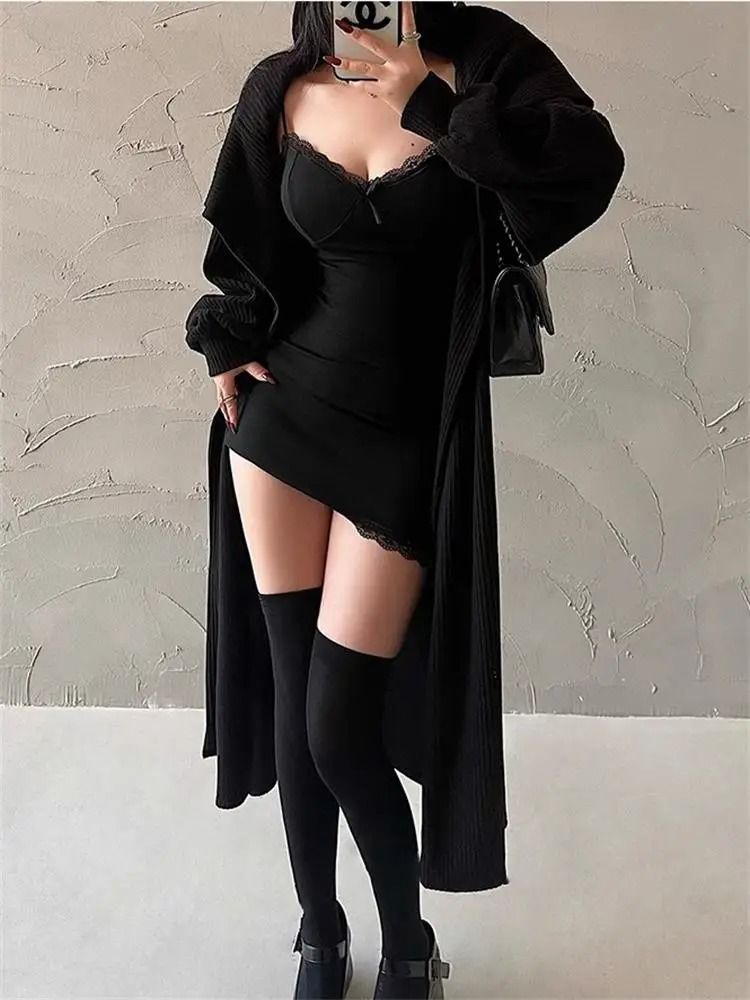 Y2K Retro Lace Patchwork Spaghetti Strap Black Bodycon Mini Dress Fashion Aesthetic Sexy Party Wear