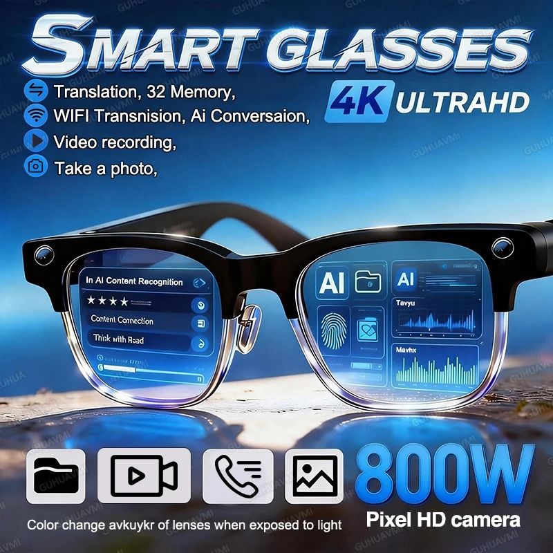 800W Pixel Camera Smart Glasses – AI Photo Recognition & Video Recording – Smart Voice Translation Sunglasses