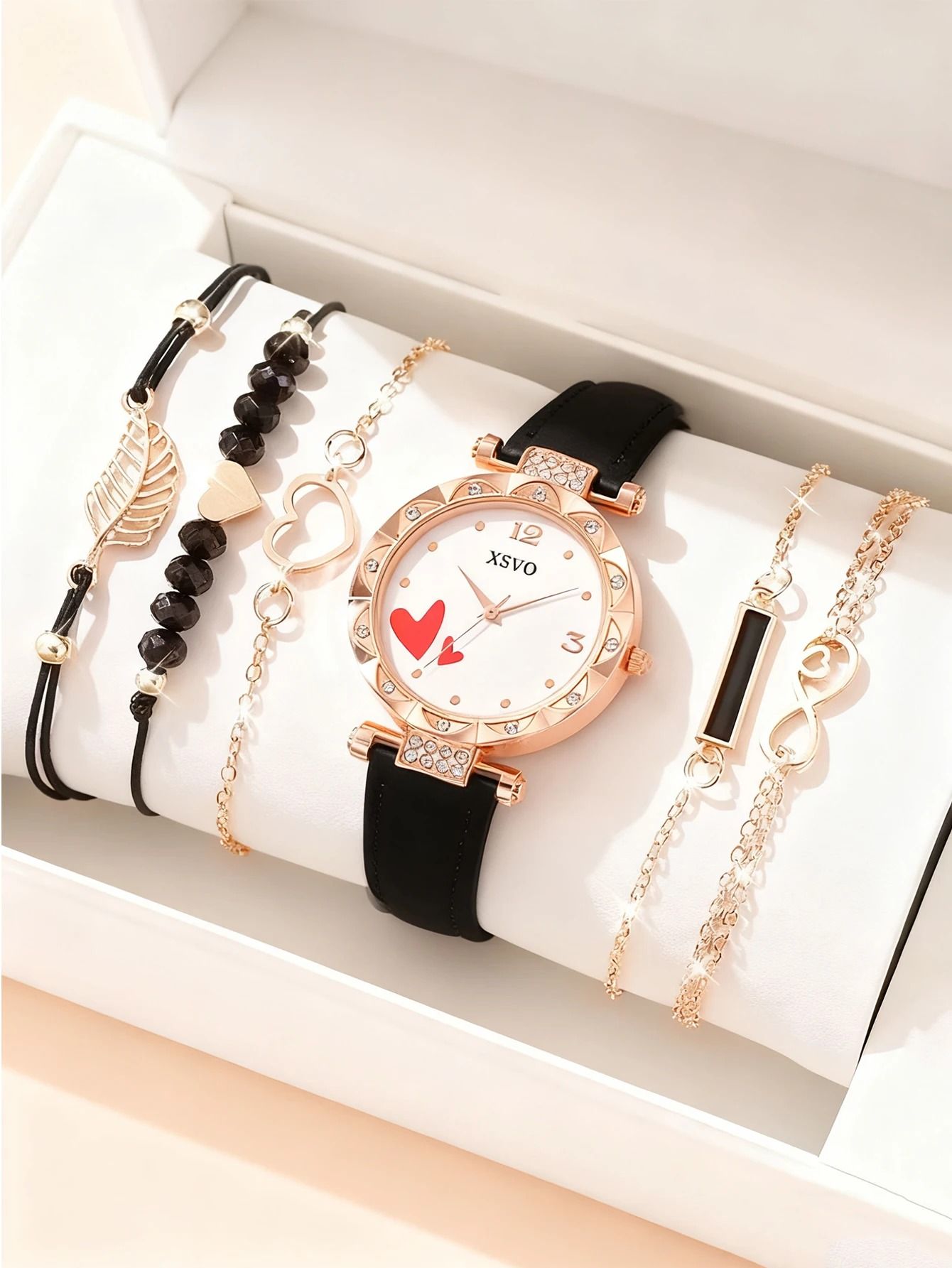 Love Diamond 6-Piece Watch & Jewelry Set – Light Luxury Rose Gold & White Fashion Collection for Women