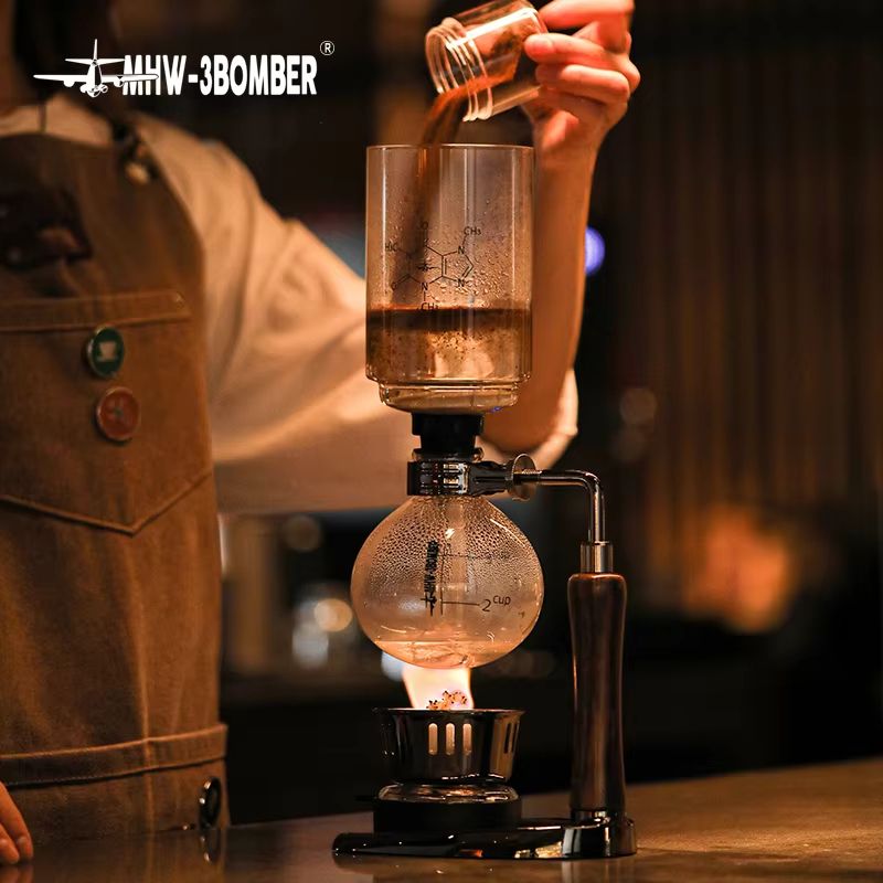 MHW-3BOMBER Japanese Siphon Coffee Maker – Premium Vacuum Brewer with Wooden Handle, 1–3 Cup Glass Drip System