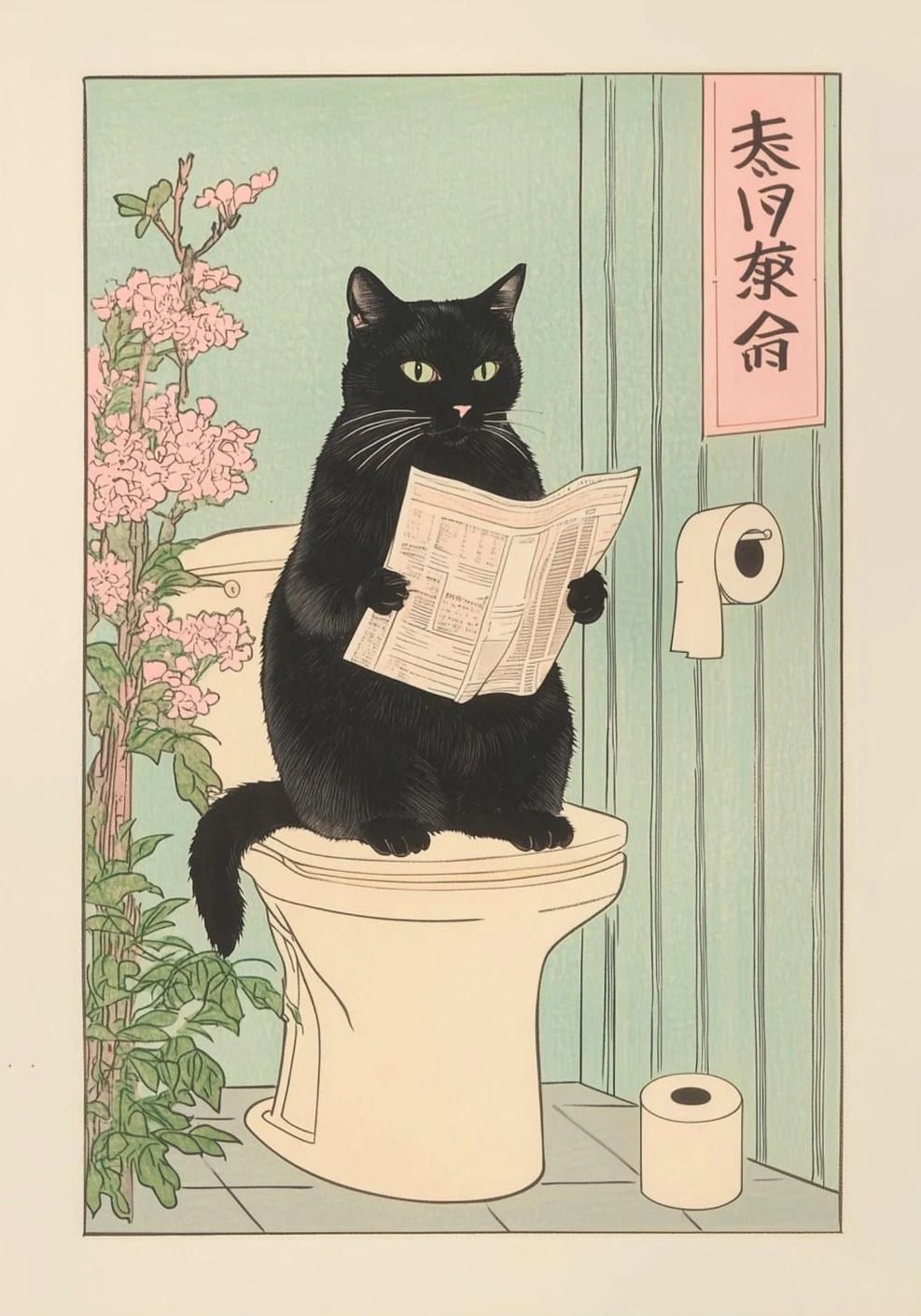 Japanese Tabby Cat in Bathtub | Retro Aesthetic Japandi Canvas Art