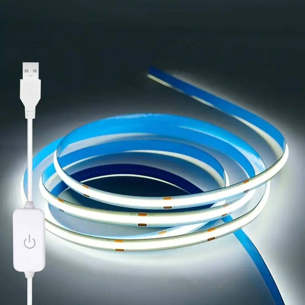USB COB LED Strip Light with Touch Dimmer – Flexible COB LED Tape for TV, Mirror & Room Backlighting (5V USB)