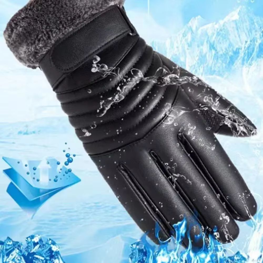 Mens Plush Insulated PU Leather Touchscreen Winter Cycling Gloves