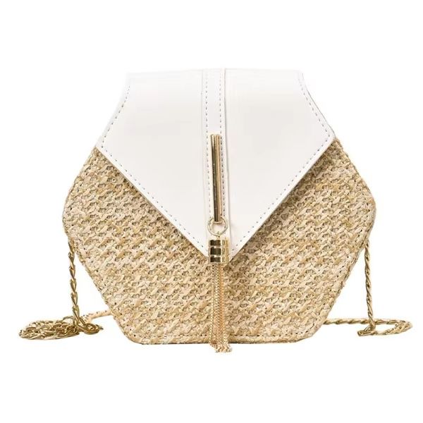 Boho Straw Rattan Shoulder Bag – Hexagon Handmade Woven Summer Handbag with Leather Strap