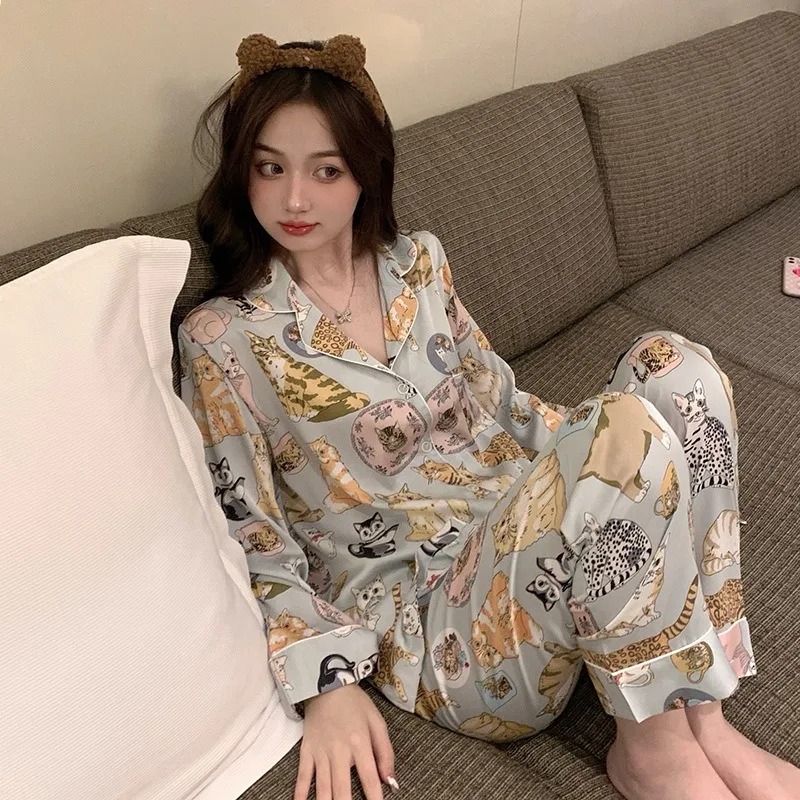 Women Cartoon Sleepwear Autumn Winter Pajamas Long Sleeve Long Trousers HomeWear Loungewear Nightwear