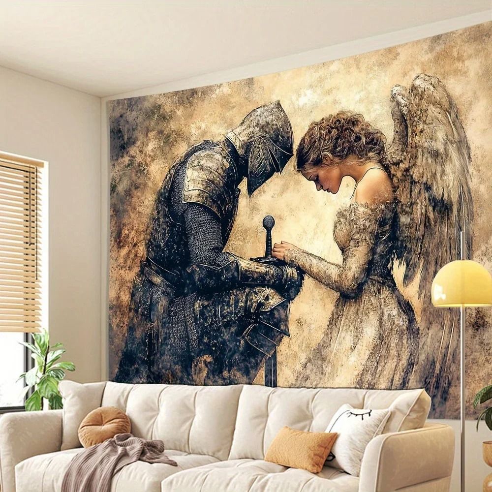 Vintage Knight & Angel Tapestry | Medieval Prayer Front Scene Mural | Elegant Polyester Fabric Wall Hanging Decor