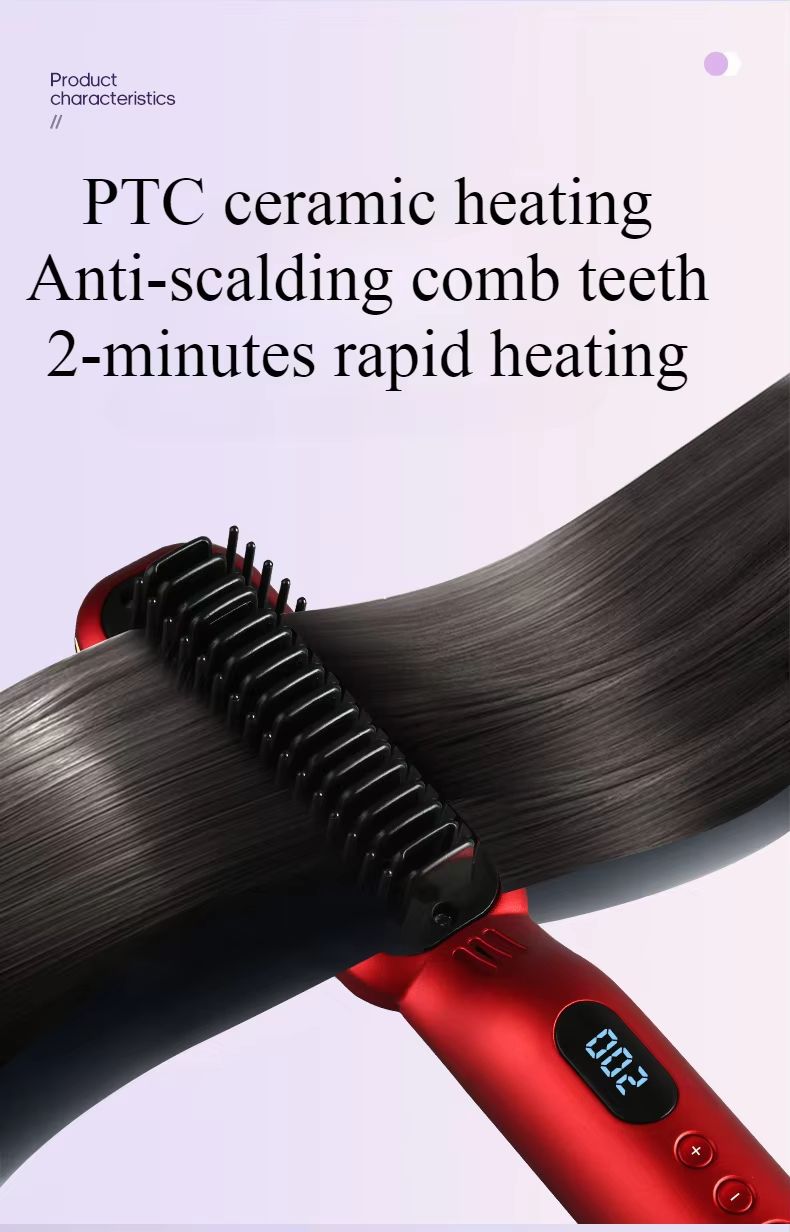 Wireless Negative Ion Hair Straightener Comb 2-in-1 Rechargeable Hair Styling Brush with LED Display