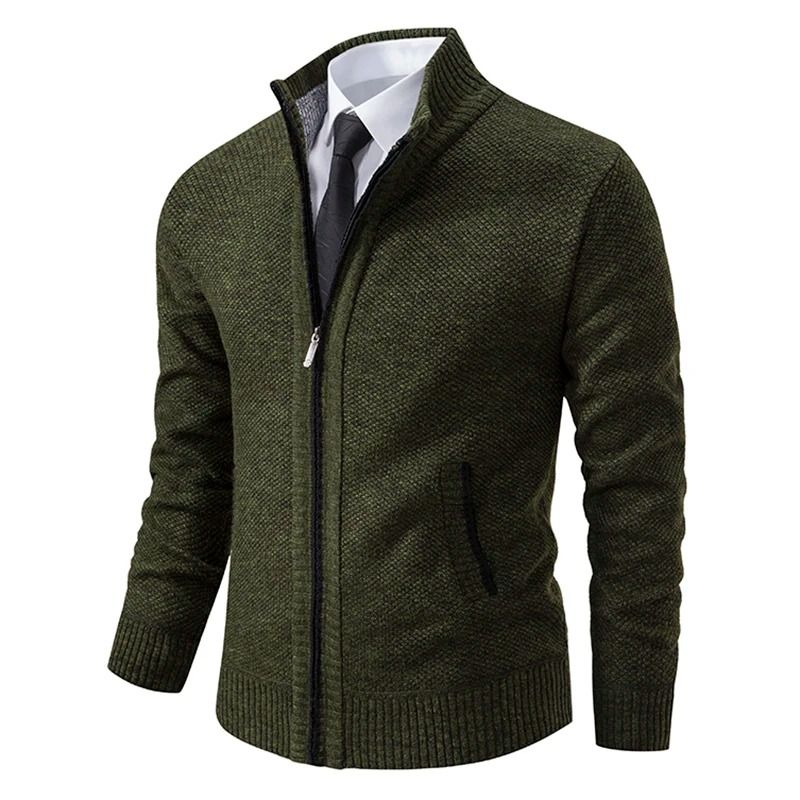 Men Casual Fleece Zipper Stand Collar Cardigan Warm Winter Sweater