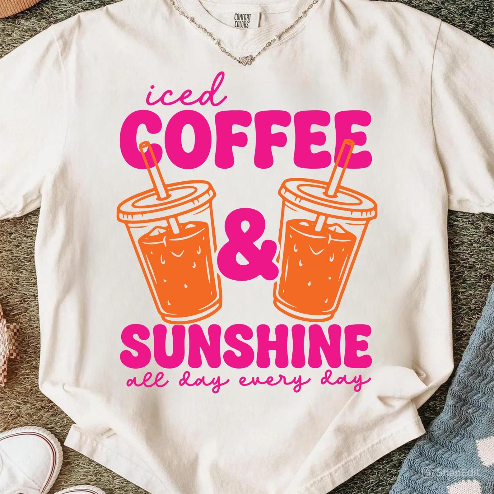 Iced Coffee and Sunshine Shirt Cute Coffee Lover Summer Graphic Tee Gift