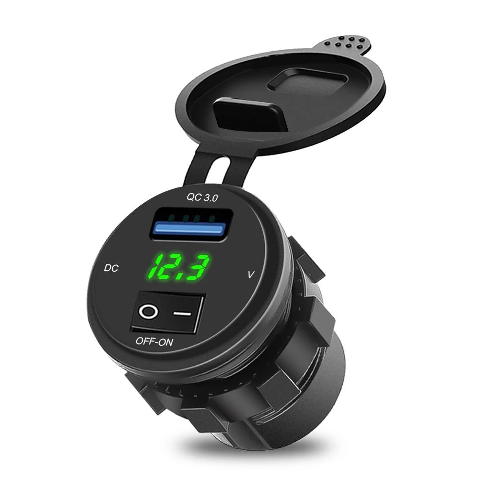 QC3.0 Dual USB Car Charger Socket with Voltmeter – Waterproof Fast Charging 12V 24V Power Outlet