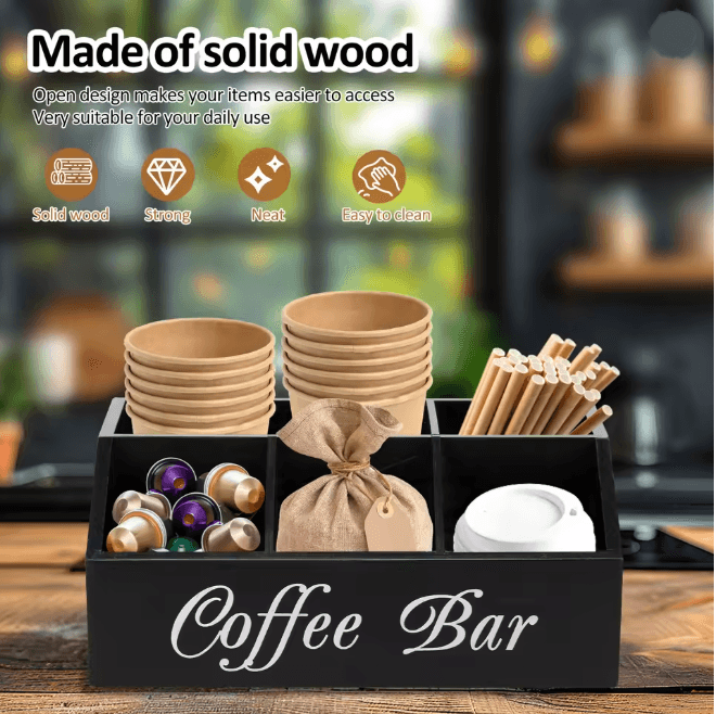 Wooden Coffee Bar Organizer Coffee Rack with Storage Compartments