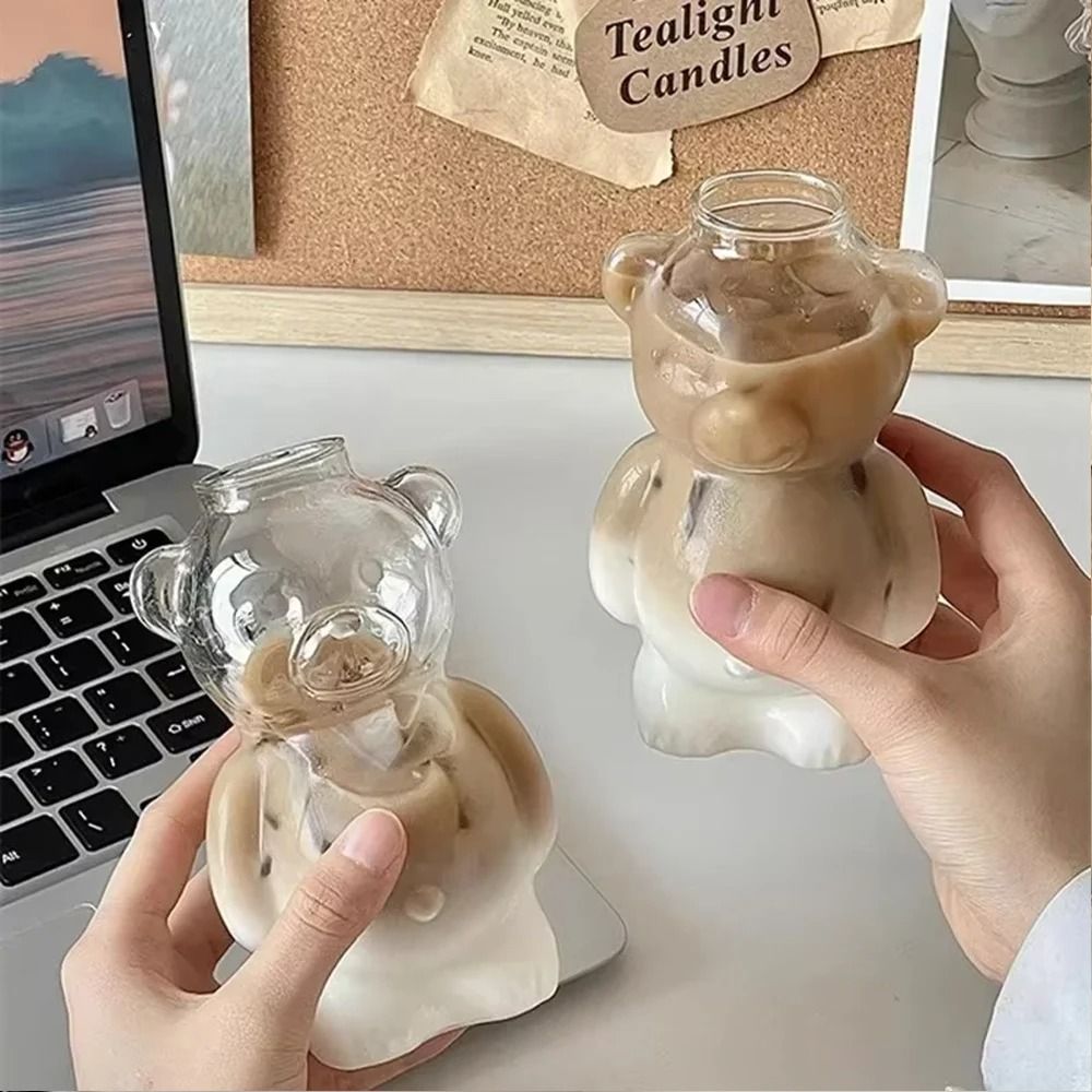 Cartoon Bear Glass Mug – 10.8 oz Creative Transparent Cup with Straw