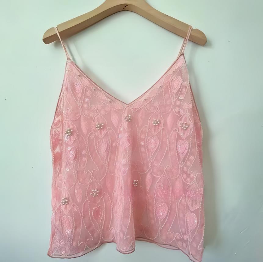 Trendy Women's Sleeveless V Neck Camisoles, Sequins Beads Flower Pattern Vests, Open Back See-Through Chic Summer Camis