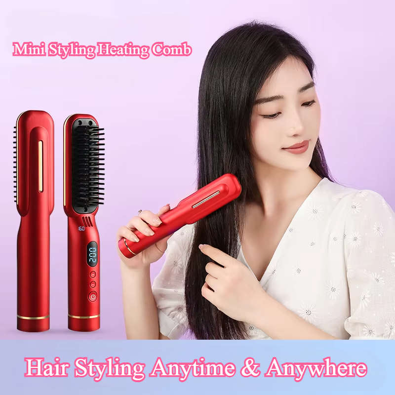 Wireless Hair Styler Negative Ion Comb, Hair Straightener & Curling Comb, LED Screen, Rechargeable Hot Comb Voluminous
