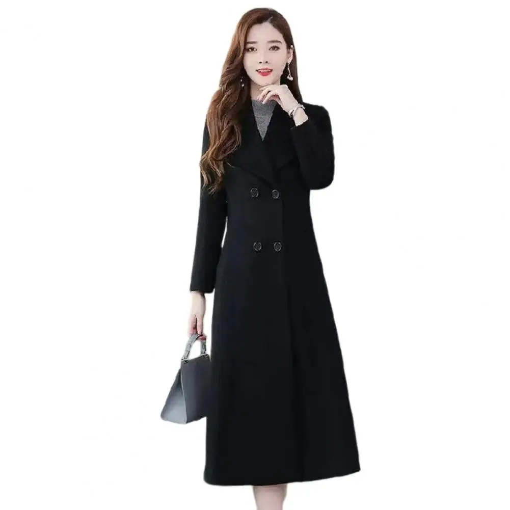 Elegant British Style Women Woolen Coat, Double Breasted Waist Tight, Suit Collar Long Cardigan, Mid Calf Length