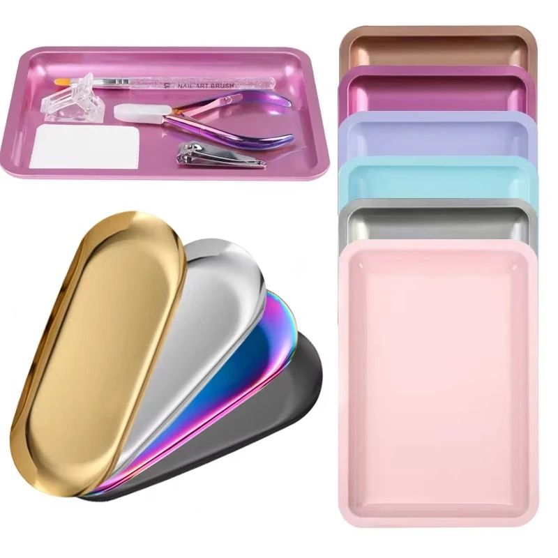 Stainless Steel Cosmetic Storage Tray Manicure Nail Art Plate Tools Organizer