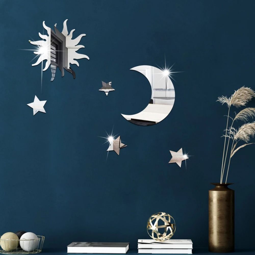 Star And Moon Mirror Wall Stickers Set Acrylic Self Adhesive Removable Decor 6 Pieces