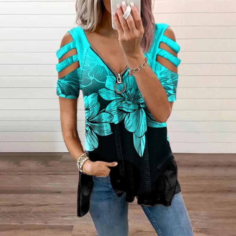 Summer Cold Shoulder Leopard Print Zipper V Neck Loose Casual Blouse