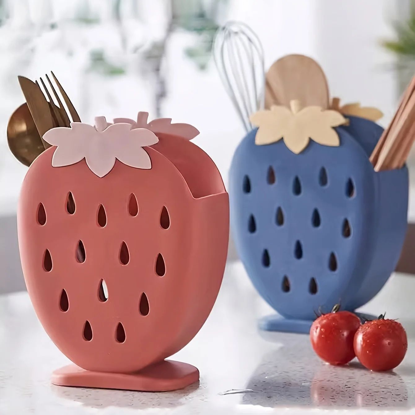 Strawberry Kitchen Utensil Holder with Drainage - Cute Countertop & Sink Caddy Organizer