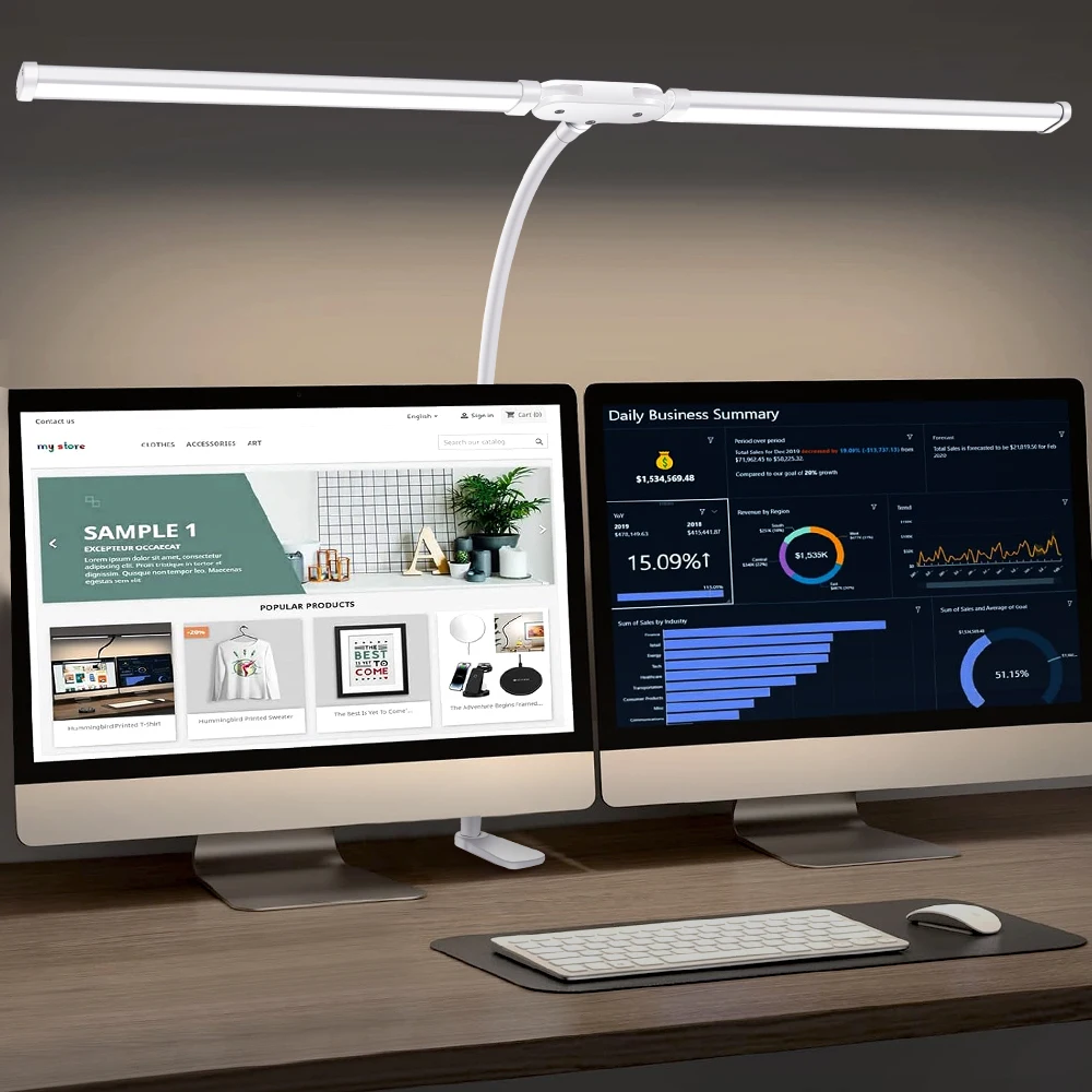 Dimmable LED Desk Lamp with Clip, Foldable Swing Arm, Double/Single Head for Workstation