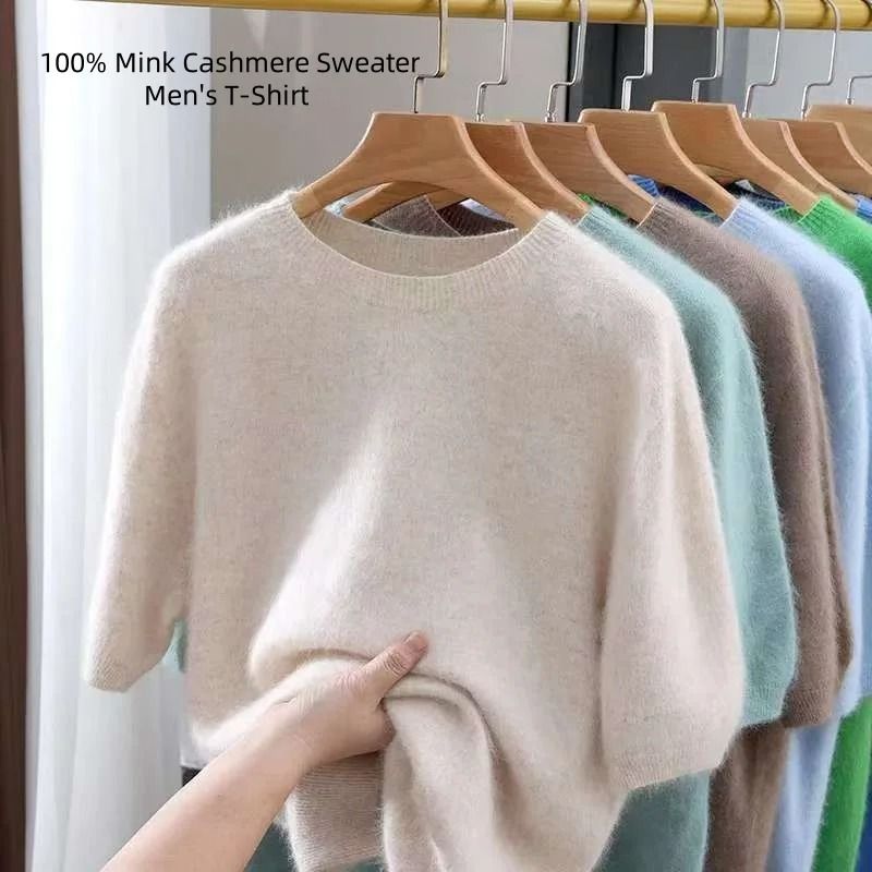 Mink Cashmere Knit Short Sleeve Sweater for Men