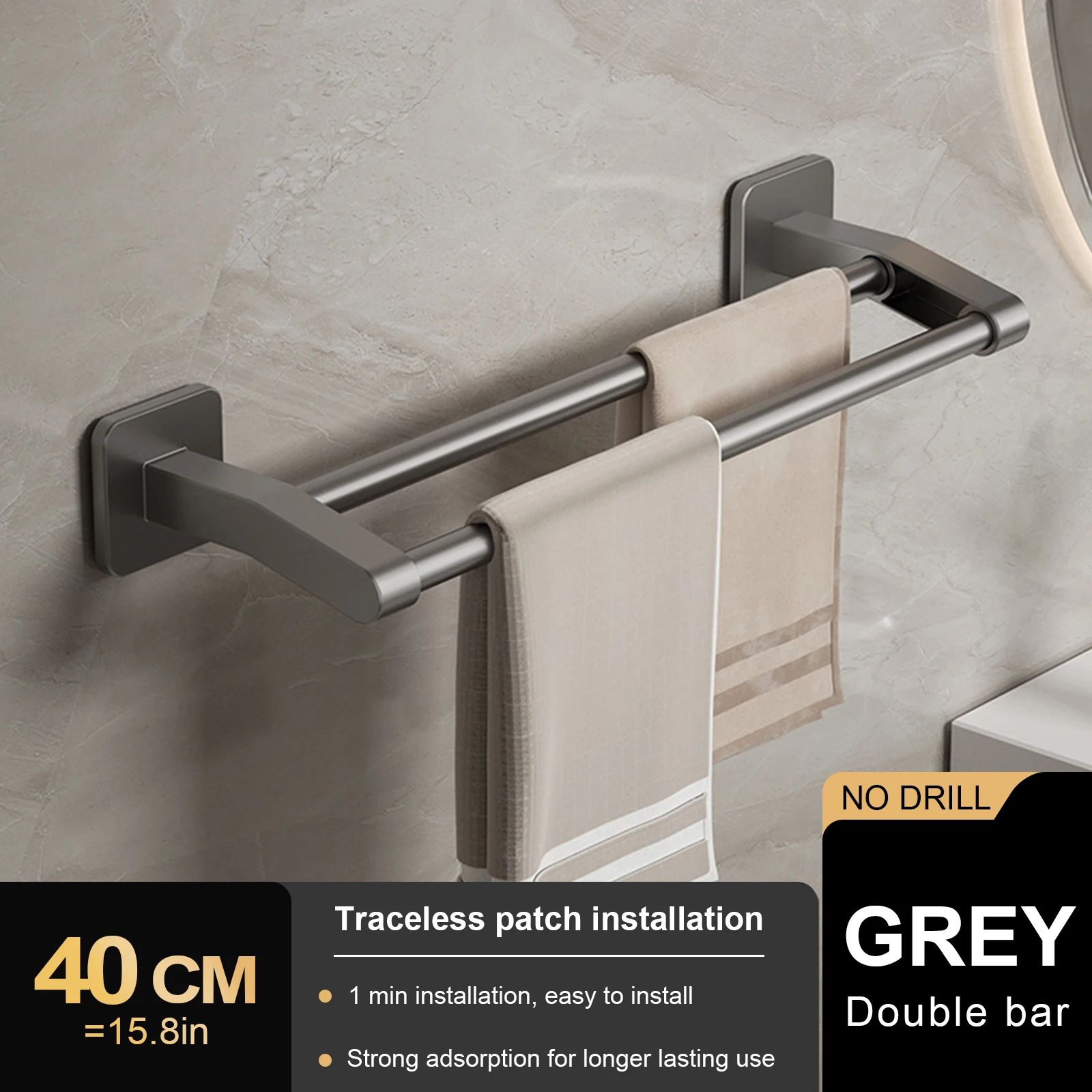 Wall Mount Double Towel Rack – No Drill ABS 2-Tier Bathroom Towel Bar