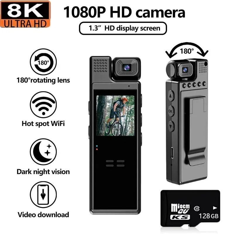 Mini 8K HD Clip on Action Camera with Night Vision and 180 Degree Rotatable Lens