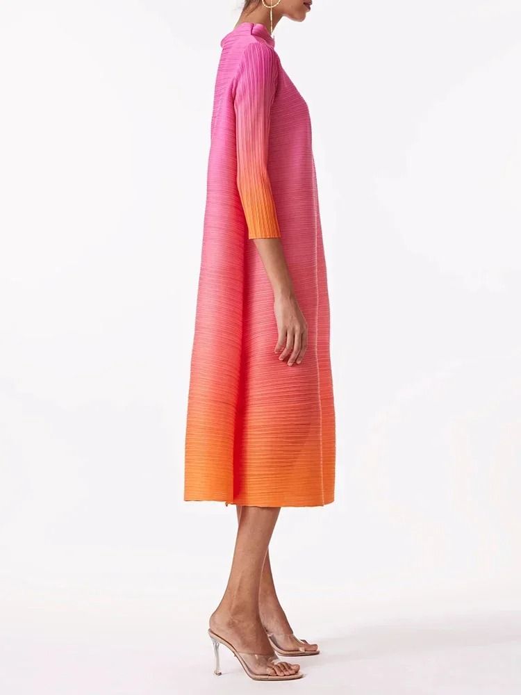 Gradient Pleated High Fashion Mid Calf Dress