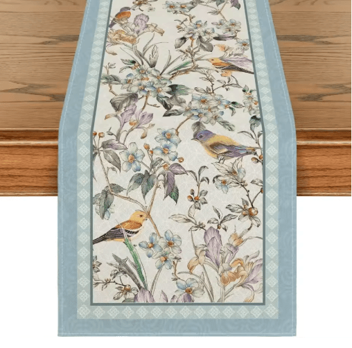 Blue Birds Blossom Linen Table Runner Elegant Floral Wedding & Home Table Decor
