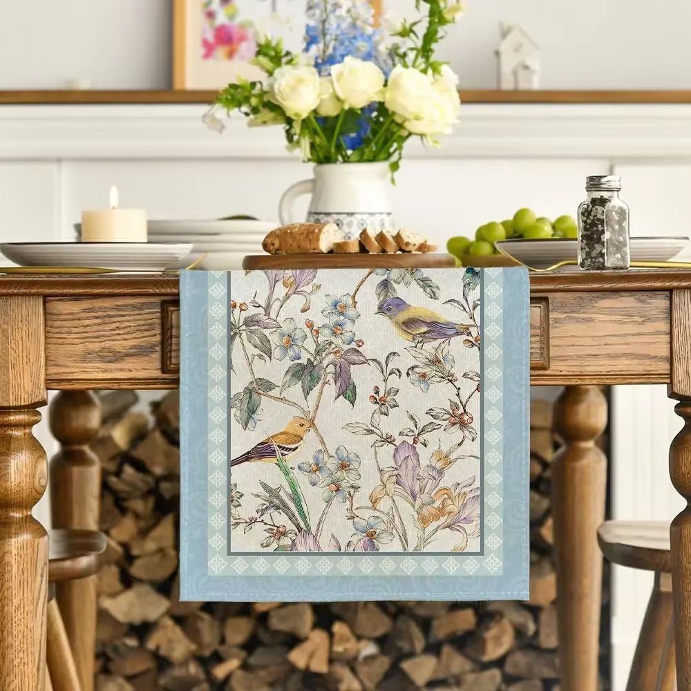 Blue Birds Floral Linen Table Runner Blossom Pattern Dining and Wedding Decor