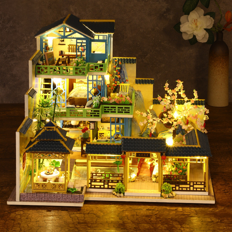 DIY Wooden Dollhouse with Furniture and Light, Casa Miniature Doll House Kit, Chinese Style Villa Model Toys Birthday