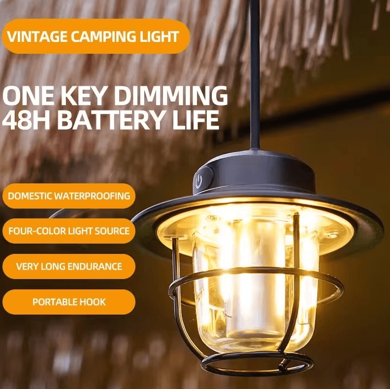 LED Camping Lamp – Retro Portable Hanging Lantern with Stepless Dimming & Waterproof Rechargeability